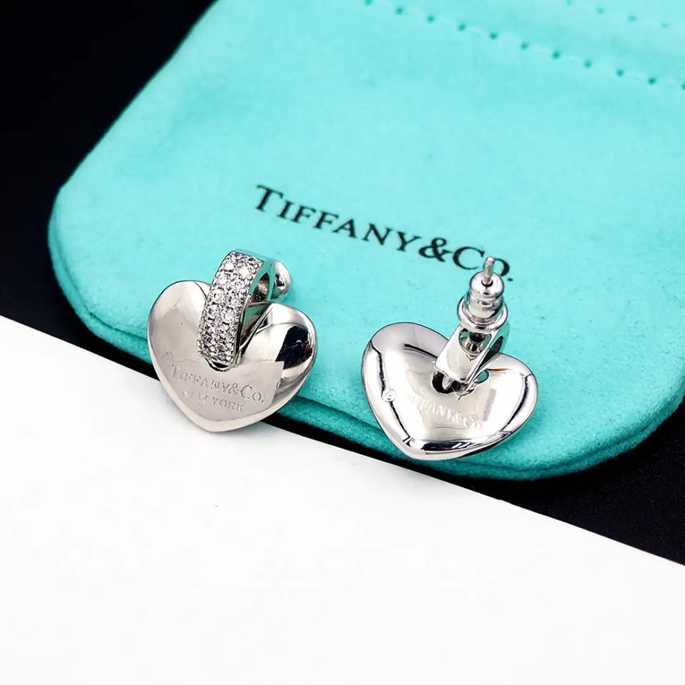 Tiffany & Co. Silver Heart Hoop Diamond Stud Earrings
